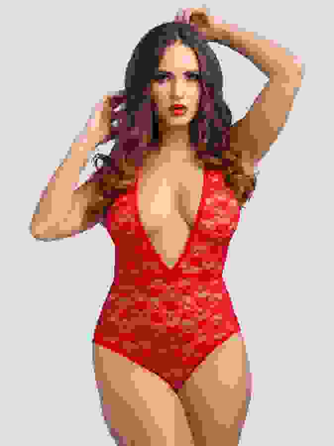Lovehoney Crotchless Deep Plunge Red Lace Teddy, Red, hi-res